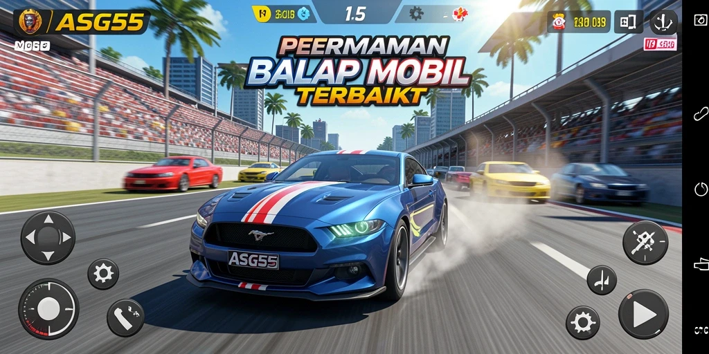 Tangkapan layar utama ASG55 menampilkan aksi balap yang intens dan mendebarkan.