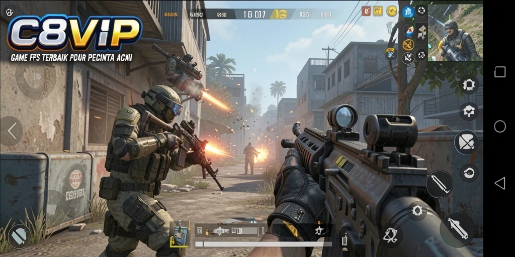 Screenshot C8VIP menampilkan aksi pertempuran FPS yang mendebarkan.