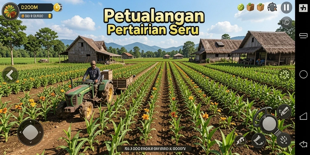 Screenshot menunjukkan gameplay D200M dengan lahan pertanian yang subur.