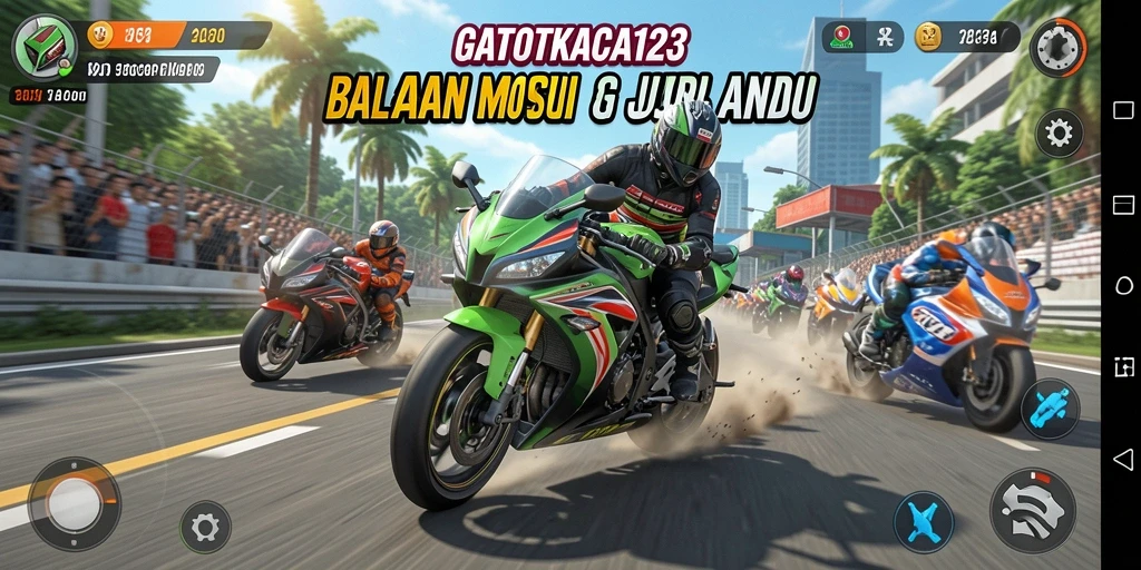 Gameplay seru GATOTKACA123 yang menampilkan balapan motor mendebarkan.
