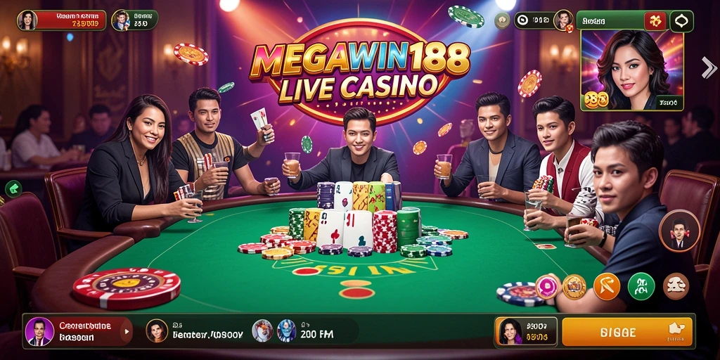 Screenshot dari gameplay MEGAWIN188 yang menampilkan dealer profesional dan interaksi langsung.