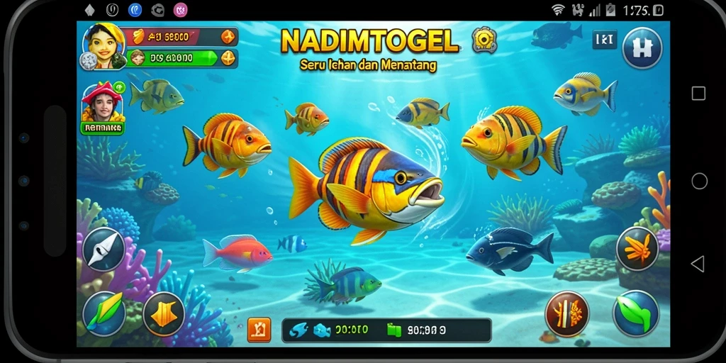 Screenshot utama NADIMTOGEL dengan aksi seru Tembak Ikan.